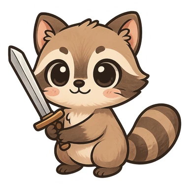 cute manga-style raccoon holding a sword, chibi style, big eyes, adorable expression sticker