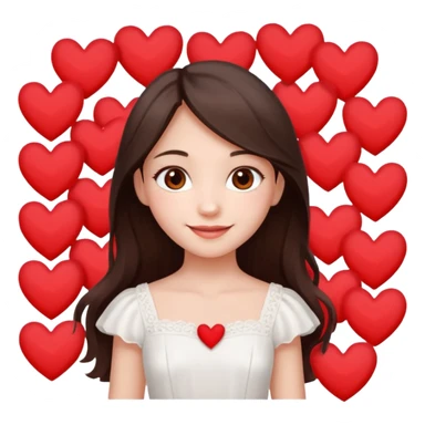 A girl with long, dark brown hair, fair skin, hazel eyes, and a beautiful white dress, is very happy because of love, surrounded by hearts. sticker