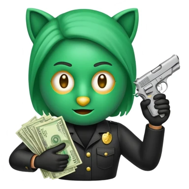 Un emoji con una mascara negra con una pistola pequeña en la mano y que en la otra mano tenga una paca de billetes sticker