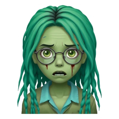 One young female green-skinned, zombie with glasses, with ombre black roots & teal tips long dreadlocks and a worried expression with a small wound near its mouth. sticker