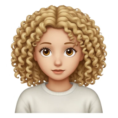 a dirty blonde girl with brown eyes and make her wearing a white sweater with curly hair and white skin color sticker