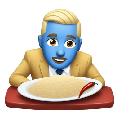 realism mac miller with a blonde comb over skin fade and blue eyes wearing a blue suit eating chilli with rice sticker