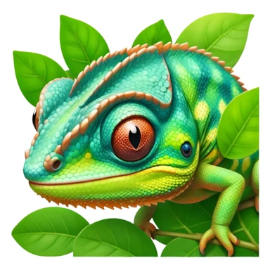 cinematic cute-smiling baby chameleon-realistic emoji,-blending-with-vibrant-greenery.-detailed-scales-in-shifting-colors,-showing-the-chameleon’s-ability-to-camouflage.-soft-natural-light-highlights-its-texture.-light-background, zoomed into its face sticker