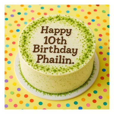 A round matcha white chocolate cake with green sprinkles, confetti around, cheerful and bright atmosphere, 'Happy 10th Birthday Phailin.' written in playful font on the cake. sticker