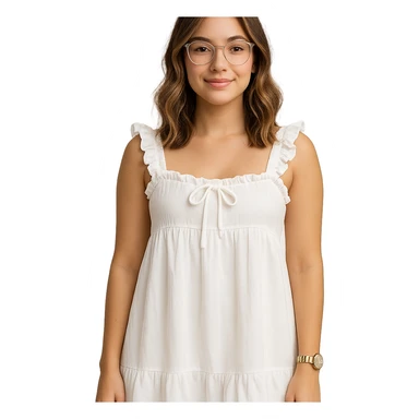 a young woman with soft waves of medium-length, highlighted hair, wearing clear eyeglasses and light natural makeup, dressed in a white, loose, ruffled babydoll dress with tied accents and frilled shoulder straps, standing confidently, smiling gently at the camera, one arm relaxed at her side, white painted nails, gold wristwatch, isolated on white background sticker