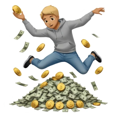 casually dress person in jeans and a hoody jumping into a pile of money sticker