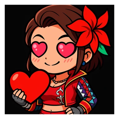 Azucena from Tekken 8 in chibi sticker style with heart eyes and blushing, standard Twitch emote, wearing her detailed red and patterned outfit as shown in the reference images. sticker