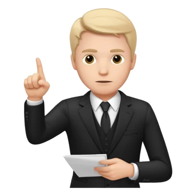 A white man in a black suit stands with a serious face and points at his hand holding papers. sticker