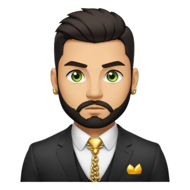 green eyes, dark short hair, muscular shoulders, gold chain, big lips big nose big eyes, masculine good looking, dark beard wearing a suit buttons of the shirt open and olive skin tone  sticker