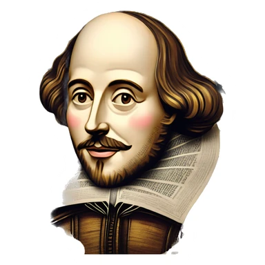 Shakespeare made of newspaper cuttings wearing flowers, stained glass, fairy lights, bokeh, annotated sketch, handwritten letters, collage of intricate patterns, gold swirls, bokeh, lights  sticker