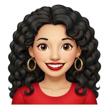 40 yr old peruvian woman, wavy/curly long black hair, red lipstick, big smile, white teeth, brown eyes, hoop earings, side part to hair, round face sticker