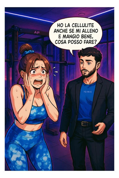 TRASFORMA QUESTO CAROSELLO IN UN FUMETTO STILE WEBTOON/MANGA A COLORI CON QUESTE DUE PERSONE IDENTICHE CHE INTERLOQUISCONO TRA LORO, LA DONNA è DISPERATA CON LE MANI SULLE GUANCE E STA DOMANDANDO TUTTA AGITATA UNA COSA ALL'UOMO:

LEI (DONNA): Ho la cellulite anche se mi alleno e mangio bene, cosa posso fare? sticker