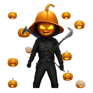 Human female pumpkin hunter with a scythe, glowing pumpkin eyes inside a black helmet, Halloween theme, emoji sticker