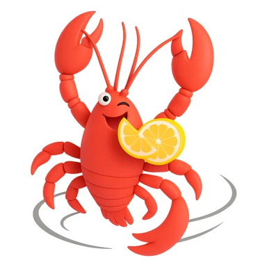 Make the lobster wink while dancing with a lemon in its mouth, spinning in a 360-degree motion, with a transparent background. sticker