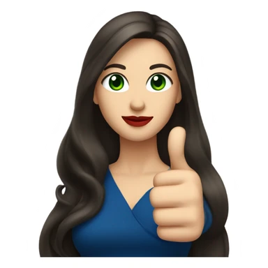 
a brunette with long hair and green eyes, with red lips and in a dark blue dress shows a thumbs up sticker