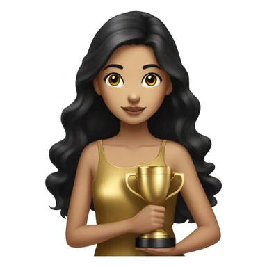 realistic portrait of girl with brown eyes and long lashes and long black hair wearing a gold dress holding trophies sticker