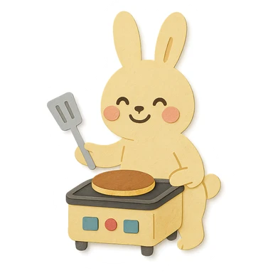 pastel yellow electric grill rabbit cooking a pancake, blushing joyfully, full-body sticker