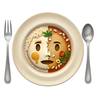 3D emoji of a dirty plate after eating, leftover food scraps, vegetable pieces, rice grains, sauce stains on the plate, fork and spoon placed beside the plate, no face, no character, no human features, realistic food leftovers, clean and simple background, soft lighting, high quality, emoji style sticker