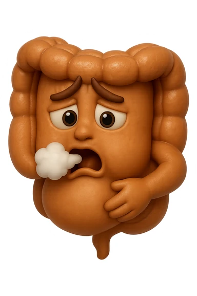 emoji stile iphone di un intestino che ingoia una nuvoletta di aria ben visibile e gli si gonfia la pancia, iperrealistico 4k sticker