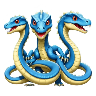 blue hydra, strong reptilian body, like a dinosaure, not like a snake,  with 3 serpent-like heads rising from its neck sticker
