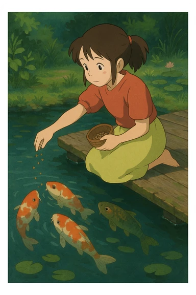 girl feeding koi fish in a pond sticker