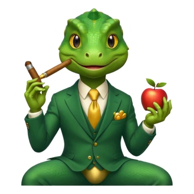 lizard in a business suit with a sly expression, holding a cigar, sitting on gold coins, apple emoji style, no text sticker