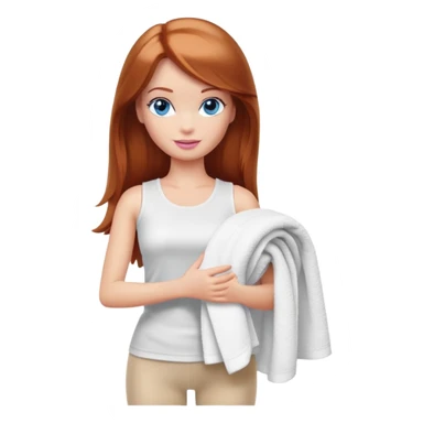 A Barbie girl with blue eyes, shoulder-length reddish-brown hair, made-up, wearing a white T-shirt and beige leggings, holding a towel in her hands sticker