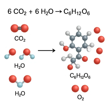 A highly scientific, molecular-level illustration of the chemical equation for photosynthesis, showing molecules of CO2, H2O, O2, and glucose, with clear scientific labeling, no background, transparent background sticker
