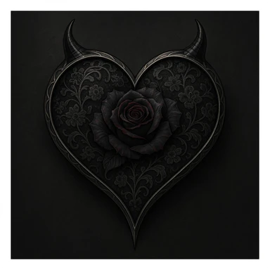 Create a gothic devil heart featuring lace patterns, silver accents, and a dark rose motif. The overall style should be elegant and haunting. sticker