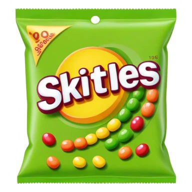 Extremely simple Skittles package design with only green candies, minimalist style sticker