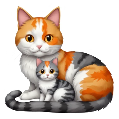 full body colourful light patched calico + white tabby cat cuddling a large grey and white cat  sticker