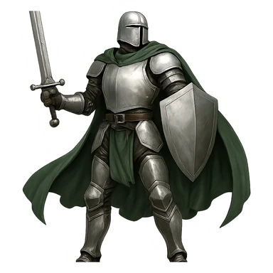 full body warrior in silver armor with a green cape, heroic pose sticker