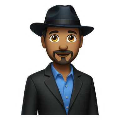Man in blue button down shirt, goatee, black blazer, black fedora sticker