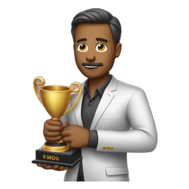 television game show host, lost in thought, holding a trophy sticker