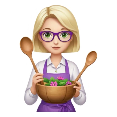 woman with blonde shoulder length hair, purple glasses, green eyes, flower apron, holding bowl and spoon sticker