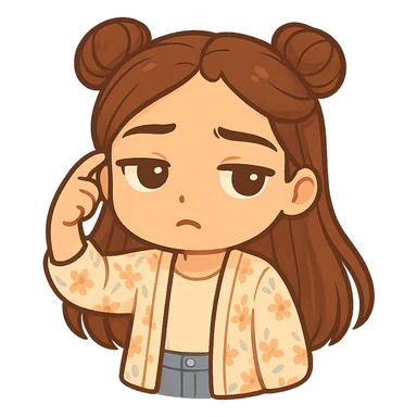 Create a chibi sticker of the girl from the reference image. She is twirling her finger at her temple with a tired, 'seriously?' look (not angry). She has brown straight hair styled in double buns, brown eyes, wearing a pastel floral cardigan and jeans. The sticker should have a white outline and a transparent background, sized 512x512px. sticker