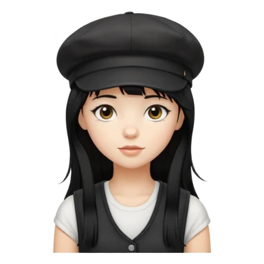 pinterst girl with heavy bang, black long hair and black newsboy cap on her hat, wearing white sleeveless  sticker
