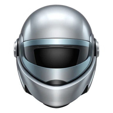 A futuristic helmet emoji made of silver chrome, smooth aerodynamic shape, minimal visor detail, reflective metallic surface, sci-fi aesthetic, iOS emoji style, centered on clean white background sticker