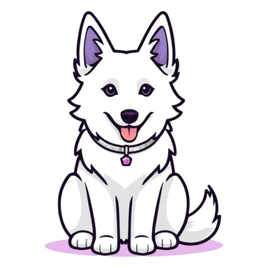 white Swiss Shepherd dog with a Glitter collar . Above the dog a lettering with the word "Fussel" sticker