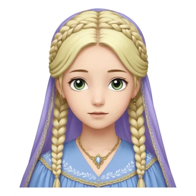 Joven de unos 20 años, de aspecto dulce y elegante.
Piel clara, ojos (pueden ser azules o verdes)
Rubio o castaño claro, largo, con trenzas o velo.
Vestido largo de tonos suaves (blanco, azul o lavanda), con bordados dorados; un manto o toca fina cubriendo la cabeza. Todo el cuerpo sticker
