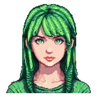 Minecraft pixel art face of Megan, with green hair, straight bangs, green eyes, matching the reference sticker