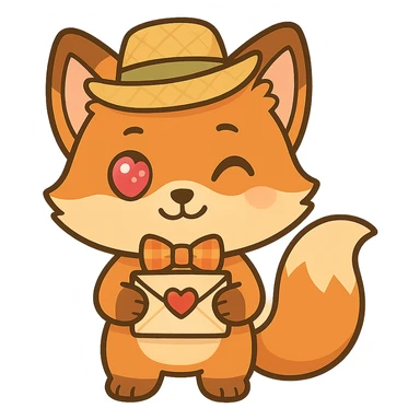 Make the fox wink with a shy happy expression, wearing a festive festa junina outfit, holding a love letter, with a big sparkling heart eye. Keep the cute chibi cartoon style, orange with white belly and fluffy tail, emoji-like proportions, and minimal or transparent background. sticker