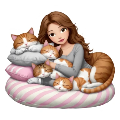 girl with long wavy brown hair, brown eyes, long lashes makeup, sexy pink lips, light to medium complexion,  sleeping on a cozy pillow, with 6 cats: 1 brown and white tabby cat, 1 ginger and white, 2 grey and white, 1 grey with white mittens and small white patch on chest and 1 calico, sleeping sticker