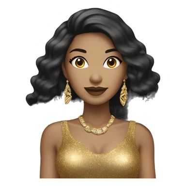light skin woman with black long hair in gold sparkle dress with gold jewelry sticker