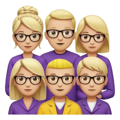 FIVE person team; 2 men and 3 women.  All dressed in yellow or purple.  2 caucasian women have blonde and 1 has ash blonde hair tied up.  1 man is black and bald, 1 man is caucasian and very little hair left.  All have glasses sticker