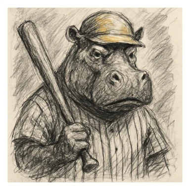 hippo holding a baseball bat, wearing a yellow helmet, pinstripes outfit sticker