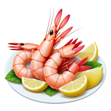 Cinematic glistening shrimp, pink and juicy, slightly curled with a light char, served with lemon wedges, ultra-detailed and fresh, warm glowing background. sticker