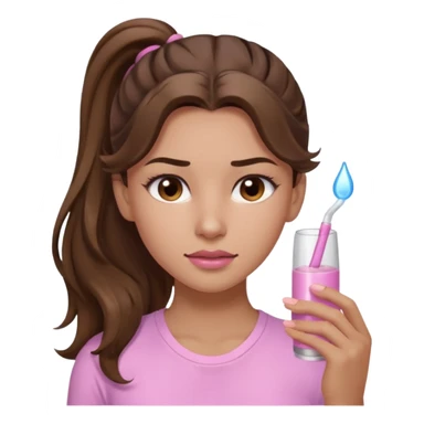 girl with wavy long ponytail brown hair, brown eyes, light to medium complexion, long lashes, light pink lipstick, wearing light pink shirt, in a hot sauna sticker