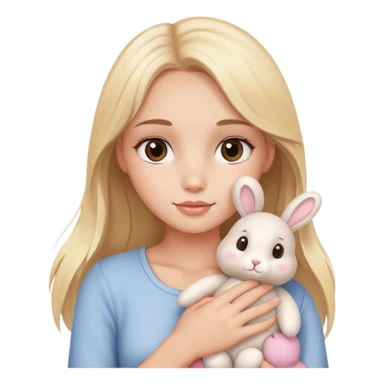 pretty blonde model with brown eyes cradling a  cute bunny stuffed animal plush sticker