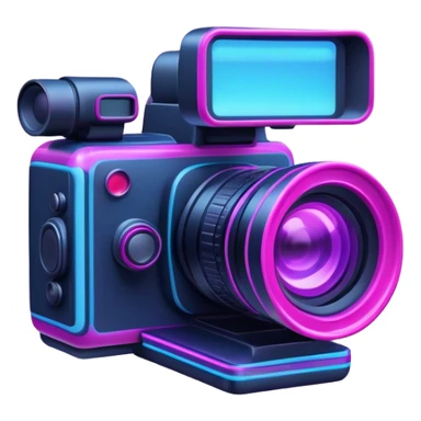 videographer's camera in pink and light blue colors, with neon glow lines, blue neon light on top left, purple neon light on bottom right sticker